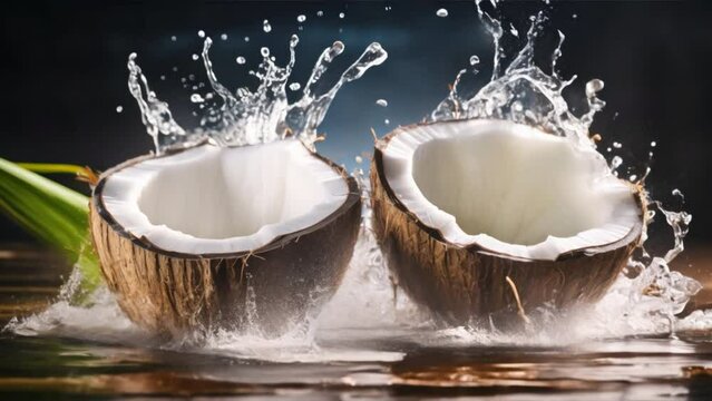 Coconut with water splashes on black background