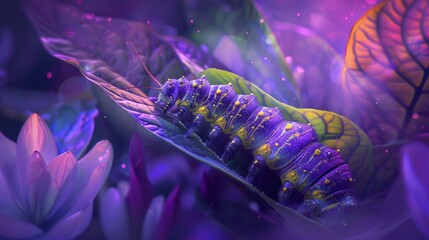 A small caterpillar camouflaged within the leaves slowly makes its way towards a bright purple flower. This closeup image highlights the concept of metamorphosis and growth