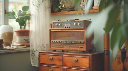 Resting on a wooden dresser is a vintage radio