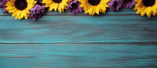 A row of vibrant yellow and purple sunflowers displayed on a blue wooden table, creating a beautiful contrast of colors in a natural setting