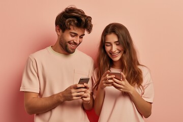 Young smiling happy couple two friends family man woman wear casual clothes hold in hand use mobile cell phone together chatting isolated on pastel plain light beige color background studio portrait 