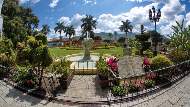Fountain in the garden in front of the Tule Tree in Santa Maria del Tule, Oaxaca, Mexico