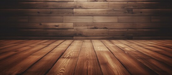 A wooden plank flooring in a rich brown wood stain color contrasts beautifully with a brick wall background. The warm amber tones bring a cozy feel to the room - obrazy, fototapety, plakaty