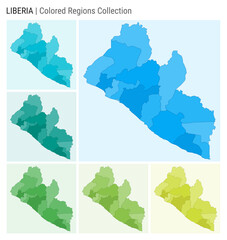 Obraz premium Liberia map collection. Country shape with colored regions. Light Blue, Cyan, Teal, Green, Light Green, Lime color palettes. Border of Liberia with provinces for your infographic. Vector illustration.