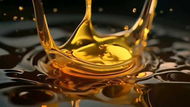 Golden yellow oil or automobile engine oil pouring out or oil splash on black background.	