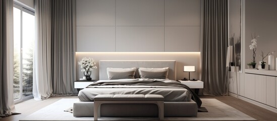 Bedroom interior with decorative elements in grey color scheme.