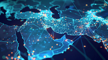 Abstract map of Saudi Arabia, Middle East and North Africa, concept of global network and connectivity, data transfer and cyber technology, information exchange and telecommunication  - obrazy, fototapety, plakaty