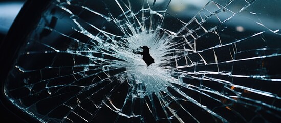 A close up of a shattered glass window with a circular hole in electric blue color. The pattern forms symmetry resembling a plant, creating an artistic event in the space