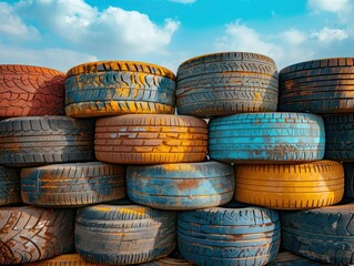 Stacked used car tires against blue sky background in tire recycling facility