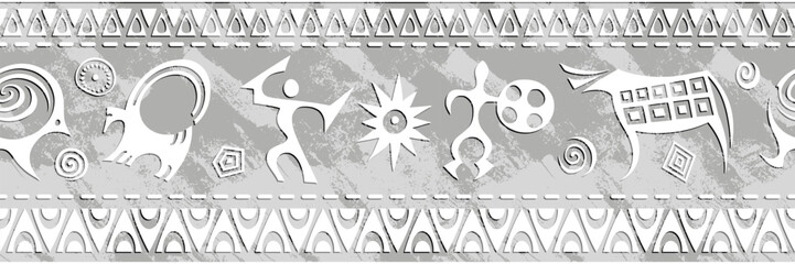 Ethnic seamless border on the theme of rock paintings, vector design, banner	
