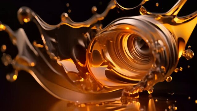 A golden yellow oil or automobile engine oil pouring out or oil splash on black background.