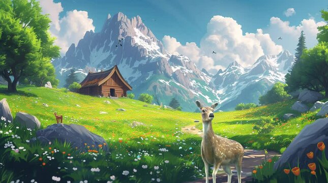 Tranquil Retreat: A charming house nestled in a lush green valley, surrounded by rolling hills and vibrant meadows Seamless looping 4k time-lapse virtual video animation background. Generated AI