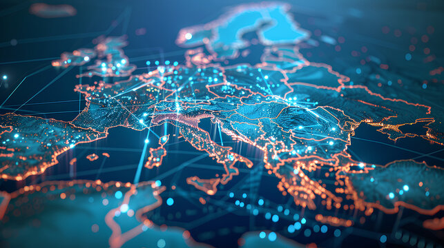Abstract map of Western Europe, concept of European global network and connectivity, data transfer and cyber technology, information exchange and telecommunication 
