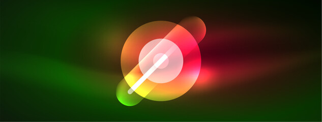 Abstract design pulsates with neon glowing light effects, casting an entrancing glow in the darkness, captivating the eye with its vibrant energy. Glass circles neon glowing light effects