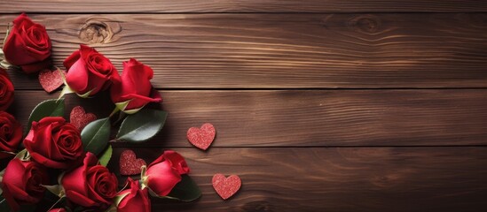 Naklejka na ściany i meble A beautiful arrangement of red roses and heart shapes displayed on a wooden table, creating a romantic and elegant centerpiece for any event or special occasion