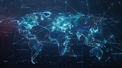 Abstract world map  concept of global network and connectivity  international data transfer and cyber technology  worldwide business  information exchange and telecommunication 