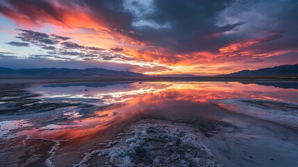 A serene and otherworldly landscape with the evaporating ponds bordered by saltencrusted ground and fiery sunsets on the horizon.