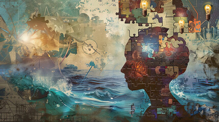 Complex digital collage with a puzzle-brain, light bulbs, and waves, evoking mental health's multifaceted nature.