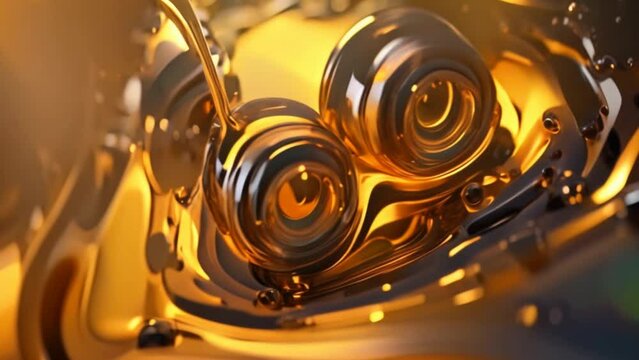 An engine gear is engulfed in golden yellow engine oil. A close-up shows parts of the engine gear.
