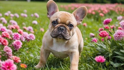 Fawn french bulldog in flower field