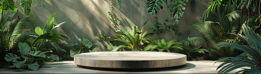 A round stone platform with a lush green background