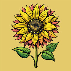 Fototapeta premium Retro a yellow sunflower with green leaves for Tshirt Design