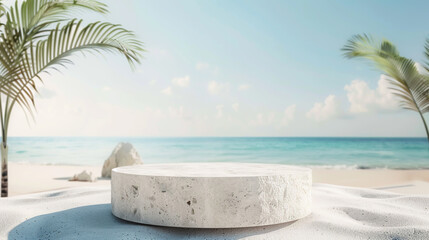 Fototapeta na wymiar A white stone pedestal is on a beach with palm trees in the background