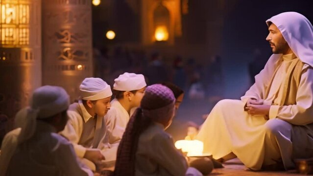 A storyteller in traditional Arabian attire reciting tales from the "One Thousand and One Nights