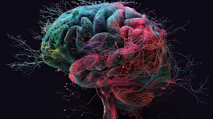 Detailed digital rendering of the human brain with colored neural pathways emphasizing its complex connectivity. - obrazy, fototapety, plakaty