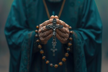 Fototapeta premium Soulful prayer: a man in quiet devotion, hands clasped around a rosary cross, seeking solace and spiritual connection, capturing the essence of serene contemplation, faith, and religious devotion.