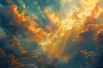 A natural landscape painting capturing the afterglow of dusk with cumulus clouds in an amberorange sky, birds flying in the distance - obrazy, fototapety, plakaty