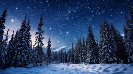 Fototapeta na wymiar Snow forest and star sky