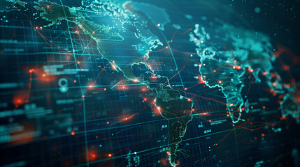 Fototapeta premium Abstract world map concept of global network and connectivity international data transfer and cyber technology worldwide business information exchange and telecommunication 