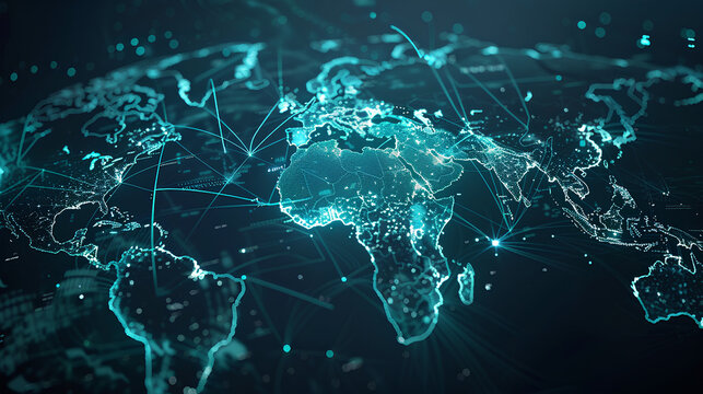 Abstract world map  concept of global network and connectivity  international data transfer and cyber technology  worldwide business  information exchange and telecommunication 