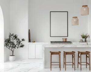 Frame mockup, Luxurious Kitchen Interior with Marble Countertops and Walls
