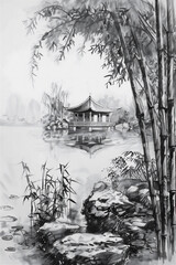 coloring pages of Asian lake landscape with bamboo trees
