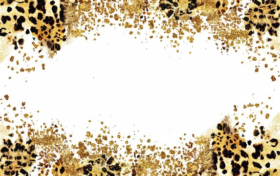 Frame leopard gold glitter border on white background.