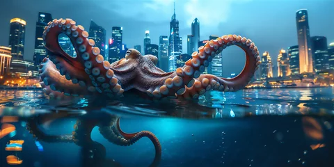 Fotobehang Giant Monster Octopus underwater of the sea with city background above it at  blue midnight © Maizal