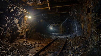 Bright lights illuminating the otherwise pitchblack interior of the mine. - obrazy, fototapety, plakaty