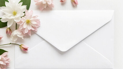 White envelope with flowers and leaves on white background