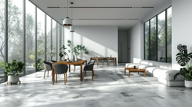 Fototapeta Minimal modern home, living room and dining room design, dining area on bright interior background, 3d render