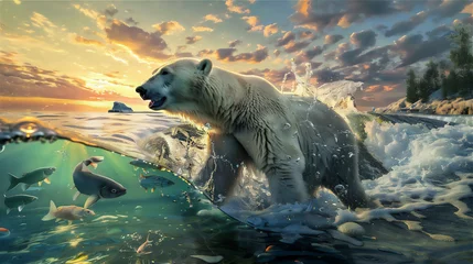 Schilderijen op glas white polar bear catch the fish in northern lake © Maizal