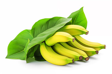 Yellow bananas with leaves isolated on white background. AI generation.