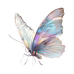 A butterfly with its wings spread open against a plain white background. The wings are a vibrant blend of silver, blue, and pink colors with a faint texture visible