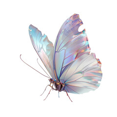 A butterfly with its wings spread open against a plain white background. The wings are a vibrant blend of silver, blue, and pink colors with a faint texture visible