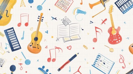 A students sketchbook filled with sketches of various instruments and music symbols symbolizing the diverse and multifaceted education provided at music institutions - obrazy, fototapety, plakaty