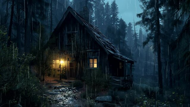 Cabin in the woods with rain and thick fog. seamless looping 4k time-lapse video background