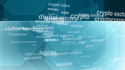 Cryptocurrency texts background on crypto currency, digital money, and financial service trends and growth