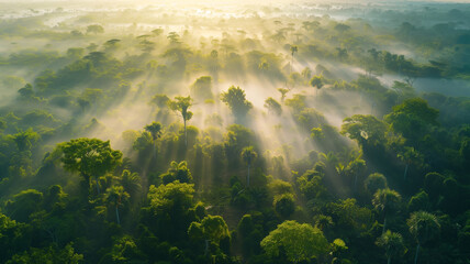 Sunbeams over misty forest. - obrazy, fototapety, plakaty