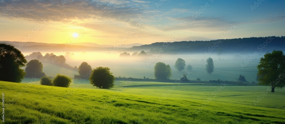 Poster The sun sets over a foggy field, with trees in the background, creating a serene atmosphere in the natural landscape